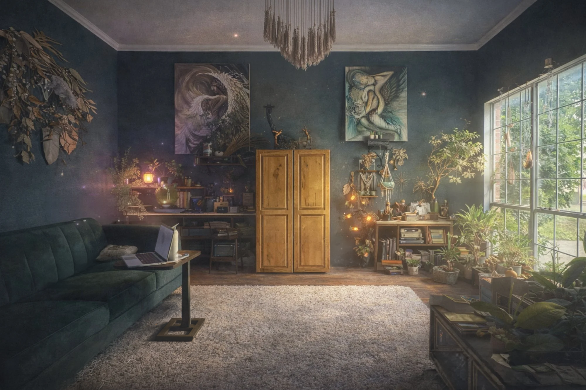 Amber Grey's design studio — a warm, layered workspace with objects representing five areas of practice